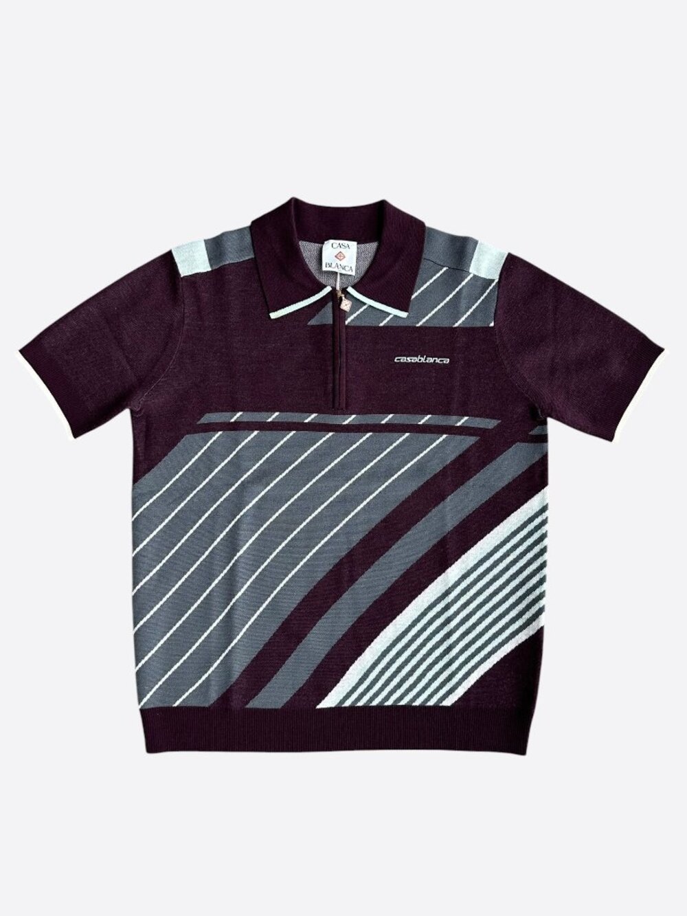 Casablanca Burgundy & Grey Striped Logo Polo T-Shirt